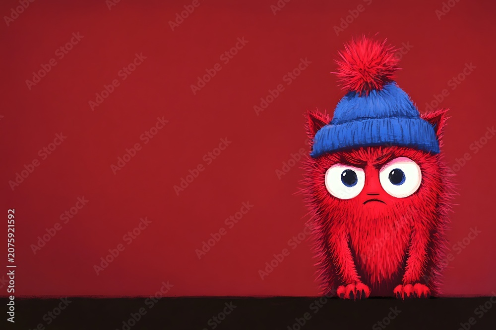 Fototapeta premium Red monster wearing blue hat