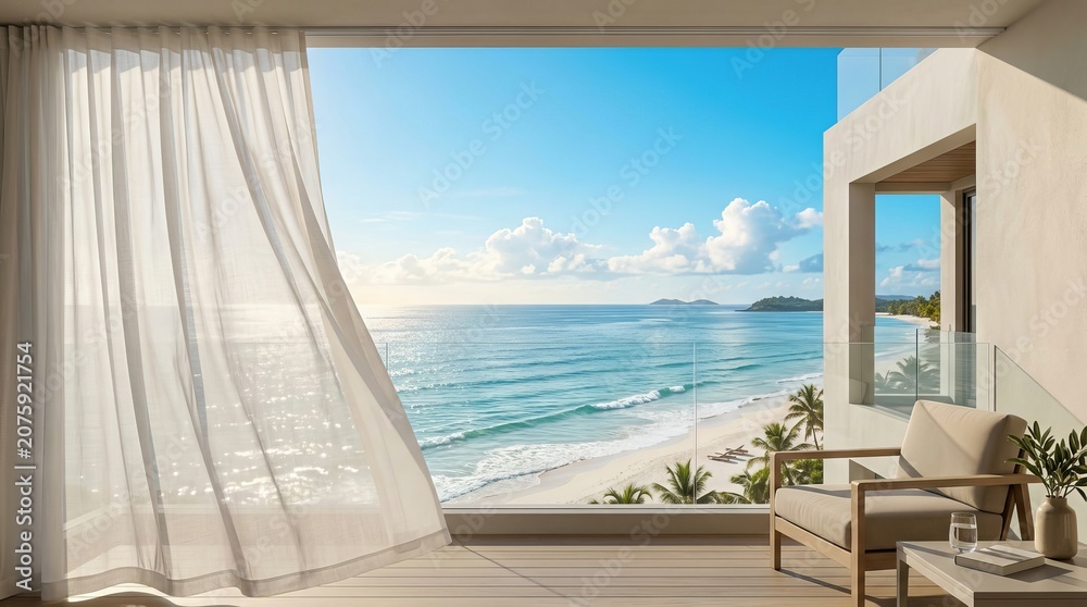 Fototapeta premium Luxury hotel room with balcony view of tropical beach and ocean.