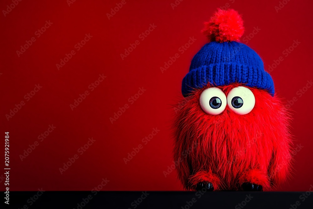 Fototapeta premium Whimsical red monster wearing blue beanie