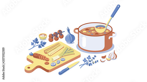 Fotografija Cooking pot with fresh vegetables and utensils on kitchen counter