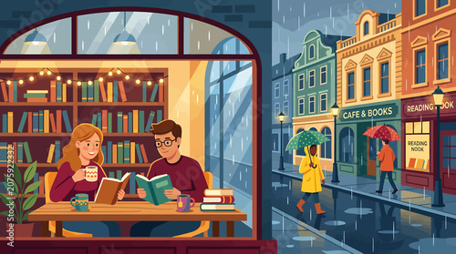 Photos Cozy Bookstore Interior with People Reading and Rainy Street View