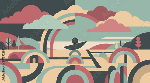 Surreal Pastel Landscape with Abstract Rainbows and Clouds.