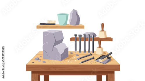 Stone Carving Tools and Block on Artisan Workbench.