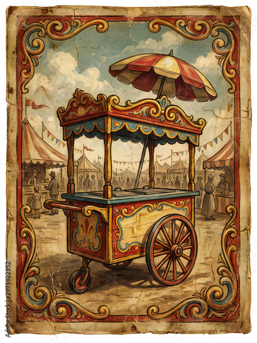 Vintage carnival ice cream cart illustration with ornate wooden frame