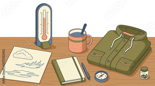 Travel preparation desk with weather gear and maps.