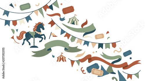 Vibrant Carnival Carousel Horse Surrounded by Colorful Bunting and Flags.