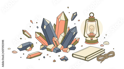 Vibrant Crystal Cluster with Vintage Lantern and Book.