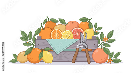 Vibrant Illustration of Citrus and Other Fruits in a Rustic Blue Crate.
