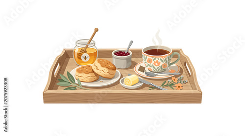 Wooden breakfast tray with steaming tea and croissant setup for morning meals.