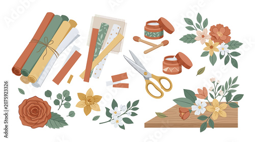 Wooden Crafting Desk with Scissors Tape and Fresh Floral Decorations.