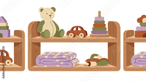 Wooden Nursery Shelf with Teddy Bear and Colorful Toys.