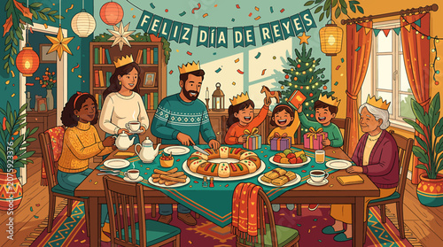 Foto Festive Family Celebration on Feliz Dia de Reyes Holiday.
