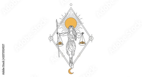 Libra zodiac sign illustration: woman with scales, sun, moon, and geometric elements