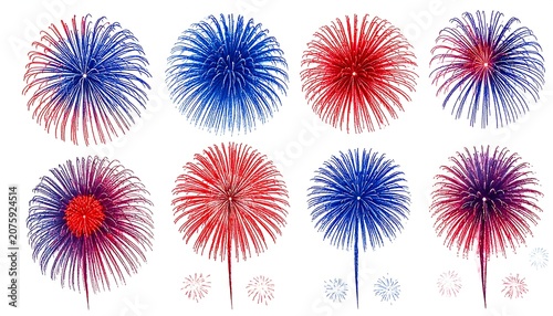 Colorful firework sparklers against white background.