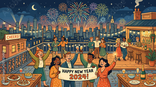Tableau sur toile Group of Friends Celebrating New Years Eve with Fireworks in 2029