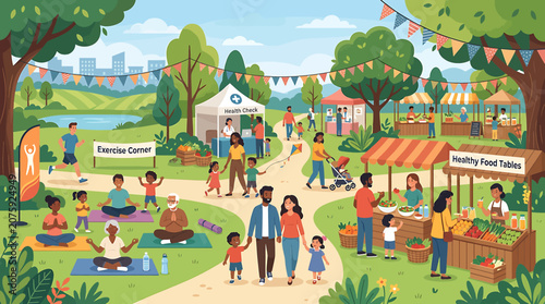 Canvas Print Vibrant community park festival scene with people enjoying outdoor activities and market stalls