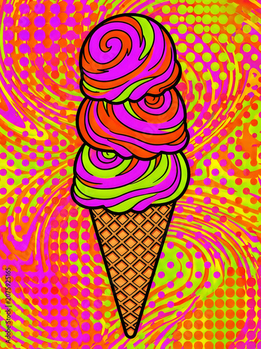 Vibrant psychedelic swirl ice cream cone pop art illustration