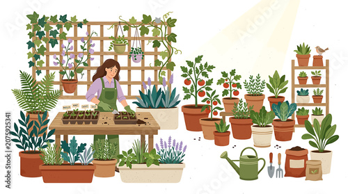 Woman gardening among potted plants and trellis in sunny garden.