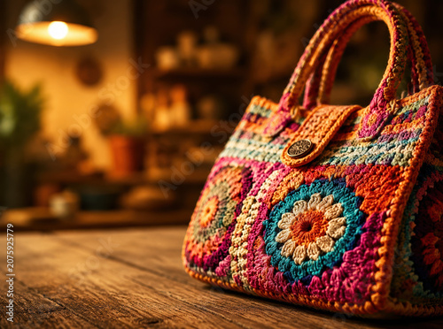 Crochet bag handmade handbag colorful pattern boho style retro fashion yarn accessory wooden table warm light vintage decor cozy home decor crochet bag rests wooden table warm light, handmade