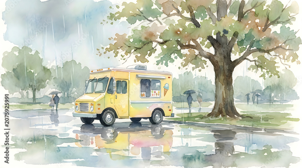 Obraz premium Yellow ice cream truck parked in rainy park during summer holiday