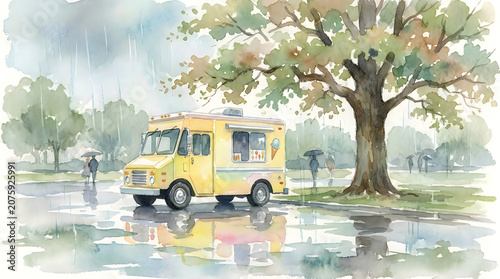 Yellow ice cream truck parked in rainy park during summer holiday