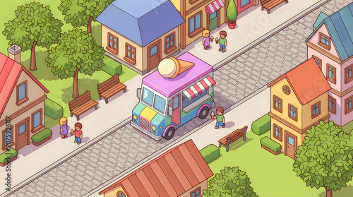 Isometric view of small town neighborhood with ice cream truck illustration