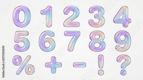 Transparent 3D liquid font including digits, percent sign, question mark, and exclamation.