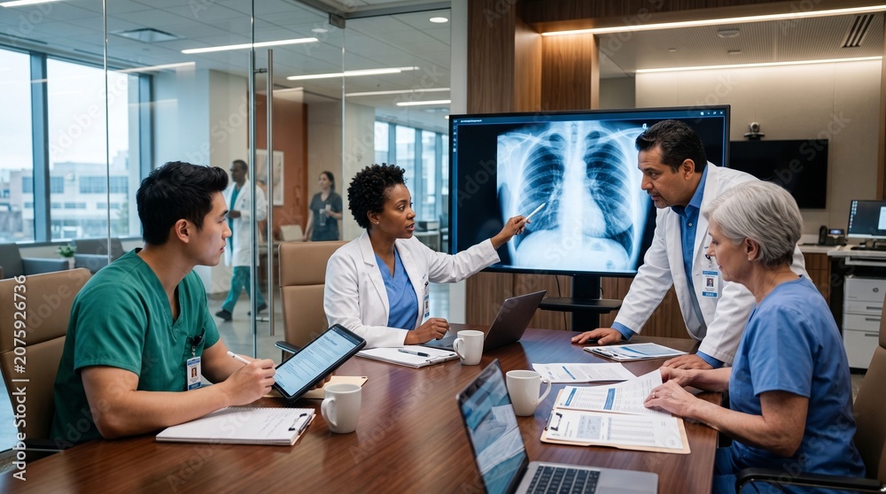 Fototapeta premium Experienced healthcare professionals discussing patient treatment strategies in a modern hospital.