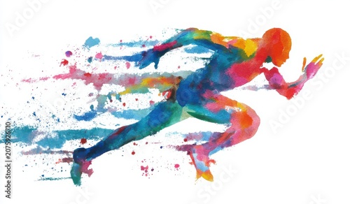 Dynamic abstract watercolor art of a person running fast in motion with watercolor abstract colorful illustration painting movement training splatter creative performance silhouette