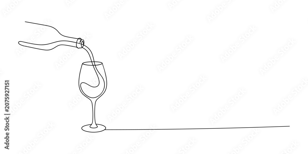 Fototapeta premium Illustration of wine bottle pouring liquid into a glass, fine dining hospitality, hand drawn outline vector illustration.