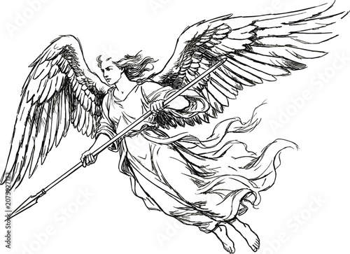 Vintage archangel warrior vector line art illustration of a flying holy angel holding spear with large majestic wings