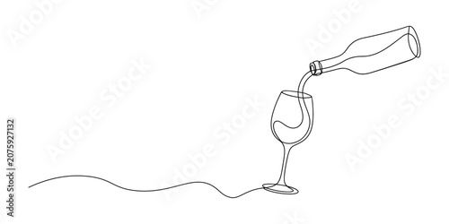 Illustration of wine bottle pouring liquid into a glass, fine dining hospitality, hand drawn outline vector illustration.