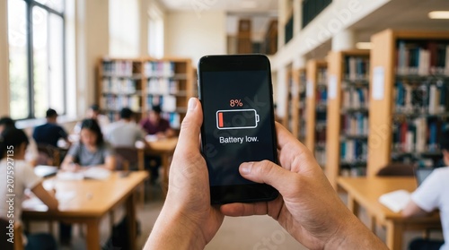 Empty Smartphone Battery Warning on Screen with Blurred Office Background
