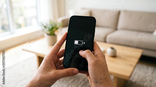 Low Battery Notification on Smartphone in Bright Coworking Space