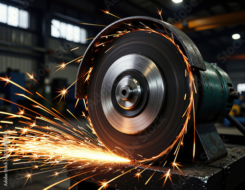 Industrial grinder metal cutting spark machinery workshop tool steel sharp wheel industrial grinder cutting metal with bright flying spark machinery workshop, sharp steel wheel action creating