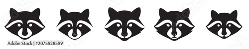 Set of raccoon head vectors in silhouette style