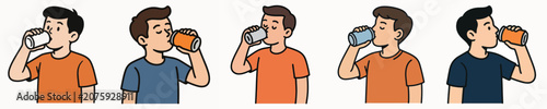 Foto Set of vector illustrations of young people drinking from bottles and cans