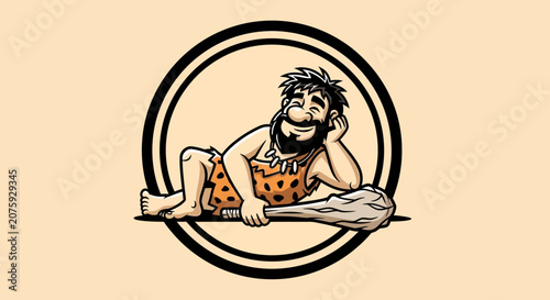 Happy Caveman Relaxing with Club, Prehistoric Man Character, Stone Age Lifestyle