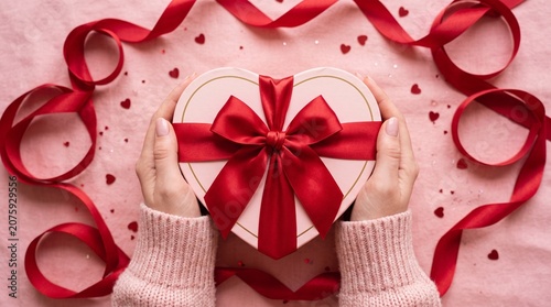 Heart-shaped gift box with red ribbon on pink background, valentines day celebration, love gesture, romantic gift, february 14 surprise, sweet affection, thoughtful present, celebration of ... 