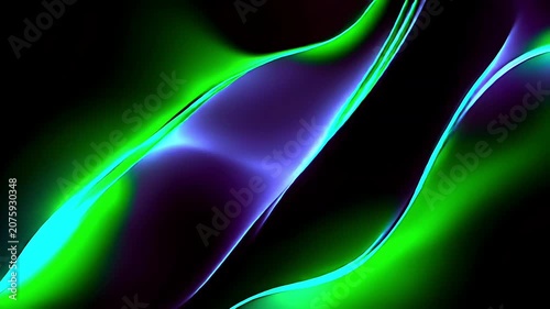 Abstract background with glowing green and purple light waves on a black backdrop.