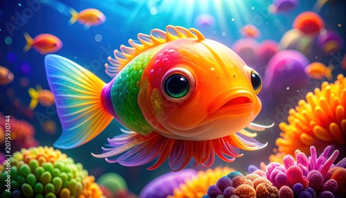 A vibrant cartoon fish swims amidst colorful coral in a bright ocean scene