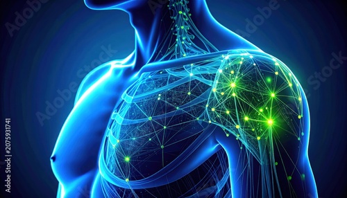 Anatomy illustration of a human torso, highlighting nervous system networks