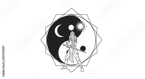 Warrior Woman Yin Yang Sun Moon Symbol Geometric Frame