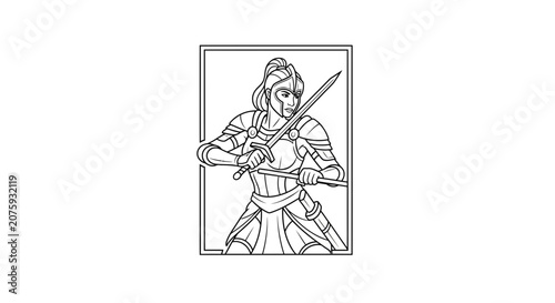 Warrior Woman with Two Swords, Fantasy Female Knight, Line Art Illustration