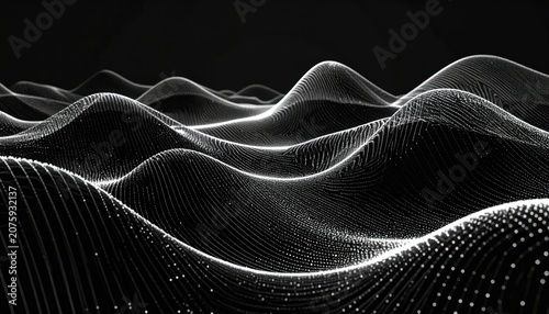 Abstract, undulating, white, dotted lines form a 3D landscape on black