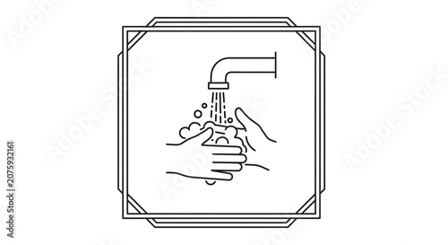 Washing Hands Icon: Cleanliness and Hygiene symbol with running water and soap bubbles