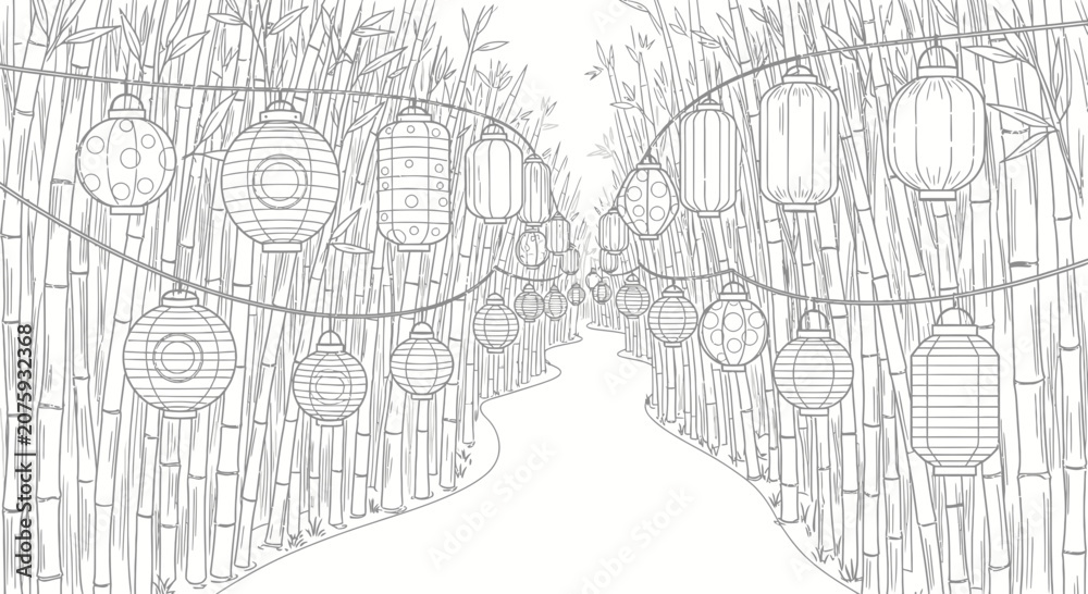 Obraz premium Bamboo Forest Path with Hanging Paper Lanterns Line Art