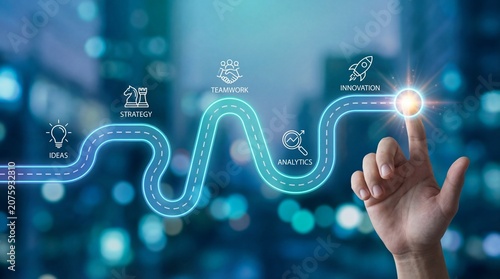 Hand touching digital business roadmap with icons