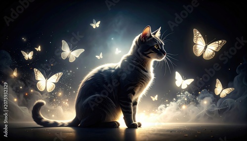 Cat sits among glowing butterflies in a dreamlike, ethereal scene