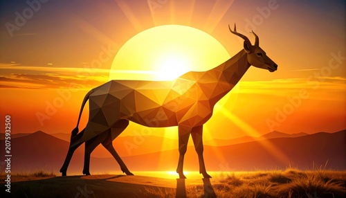 Geometric antelope silhouette stands at sunset, golden rays radiating